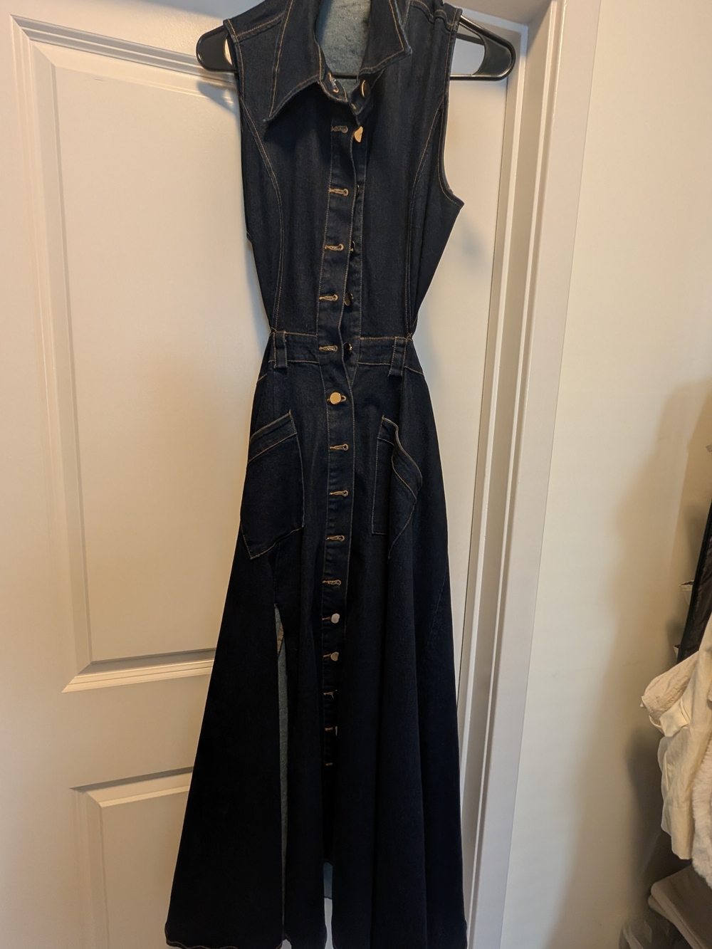 AKIRA Dark Denim Backless Maxi Dress with Button Front. Excellent Condition.